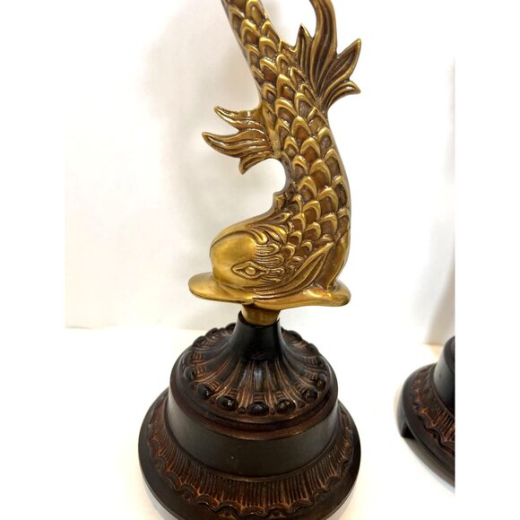 Vintage Brass Koi Dolphin Candlestick Holders Ornate Patina Base Leaf Design - Picture 6 of 7